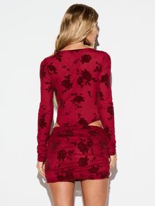 KIZN Floral Velvet Burnout Long Sleeve Bodysuit With Boat Neck And Cut-Out Hem Detail Perfect For Valentine Date Night - Burgundy - View 2