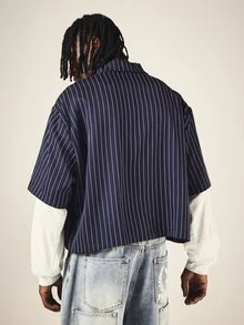 SUMWON Navy Pinstripe Cropped Boxy Shirt With Spread Collar Short Sleeves Chest Pocket And Embroidered Script Logo Detail - Multicolor - View 2