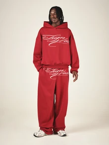 SUMWON Oversized Wide Leg Sweatpants With Cursive Script Logo Print Front Rise Elastic Waist Casual Loungewear Fall Winter - Red - View 3