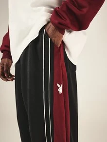 PLAYBOY X SUMWON Bunny Logo Wide Leg Track Pants With Contrast Burgundy Side Panel And White Piping Detail Full Length - Multicolor - View 5