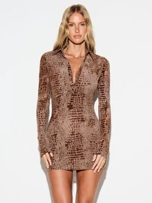 KIZN Crocodile Print Mini Dress With Collared V-Neck Long Sleeve Bodycon Stretch Fit Party Night Out Fall Winter Style - Multicolor - View 1