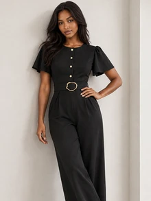 ELLERISSA Black Round Neck Short Sleeve Belted Wide Leg Jumpsuit - Black - View 5