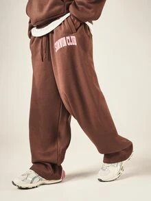 SUMWON Club Wide Leg Sweatpants With Contrast Side Stripe Detail And Varsity Text Print For Casual Everyday Wear - Coffee Brown - View 4