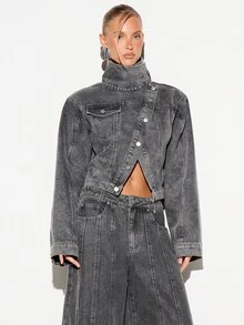 KIZN Oversized Cropped Trucker Denim Jacket With Stand Collar Button Closure And Chest Pockets Vintage Washed Finish Fall Winter Essential - Grey - View 4