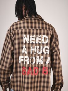 SUMWON Oversized Plaid Flannel Shirt With Full Back Slogan Print Long Sleeve Button-Down Collared Top Casual Street Style Fall Winter - Brown - View 6