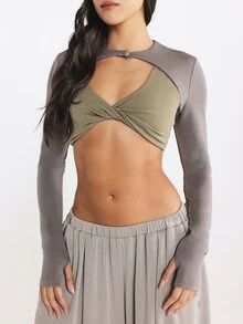 11SKNDS Women's 2 In 1 Patchwork Casual Daily Long Sleeve Top - Grey - View 6