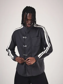 SUMWON Mandarin Collar Pinstripe Shirt With Metal Hook Closures And Racing Stripe Sleeves For Spring Occasions - Black - View 5