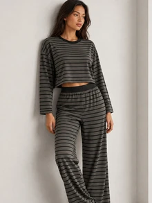 ELLERISSA Grey Striped Round Neck Long Sleeve Boxy Top & Wide Leg Pants Co-Ord Lounge Set - Grey - View 4