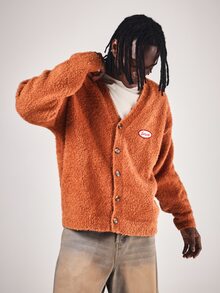 SUMWON Boucle Knit Cardigan V-Neck Button-Up Long Sleeve Oversized Fluffy Teddy Texture Sweater Fall Winter Cozy Layering Top - Coffee Brown - View 5