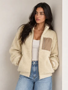 ELLERISSA Beige Teddy Fur Long Sleeve Contrast Pocket Full Zip Autumn Casual Jacket - Beige - View 6