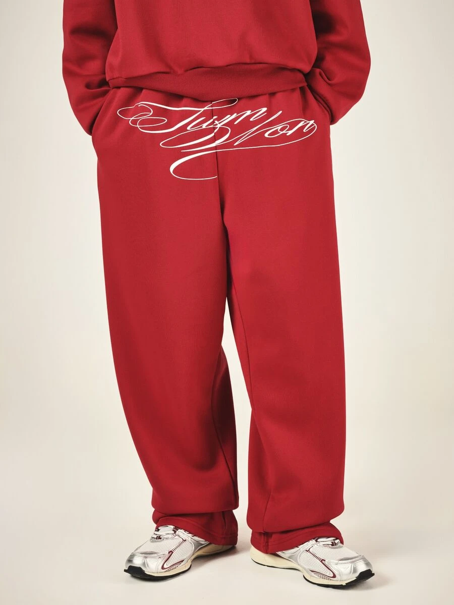 SUMWON Oversized Wide Leg Sweatpants With Cursive Script Logo Print Front Rise Elastic Waist Casual Loungewear Fall Winter - Red - View 1