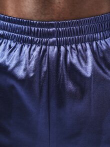PLAYBOY X SUMWON Navy Satin Wide Leg Track Pants With Triple White Side Stripe Detail Full Length Relaxed Fit Casual Street Style Bottoms - Navy Blue - View 6