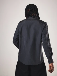 SUMWON Mandarin Collar Pinstripe Shirt With Metal Hook Closures And Racing Stripe Sleeves For Spring Occasions - Black - View 2