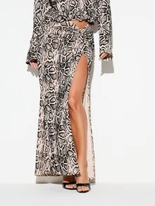 KIZN Snake Print Maxi Skirt With Front Split And Ruched Waist Detail High Rise A-Line Silhouette Summer Party Evening - Multicolor - View 1