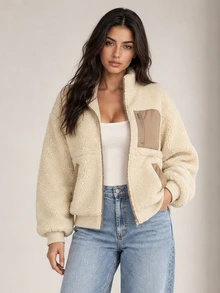 ELLERISSA Beige Teddy Fur Long Sleeve Contrast Pocket Full Zip Autumn Casual Jacket - Beige - View 5