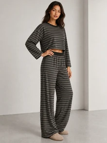 ELLERISSA Grey Striped Round Neck Long Sleeve Boxy Top & Wide Leg Pants Co-Ord Lounge Set - Grey - View 3