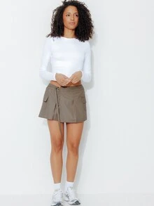 Pimkie Edition Women's Solid Color Waist Buckle Design Cargo Pocket Casual Skirt - Khaki - View 4