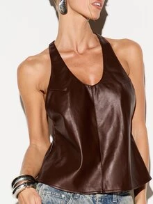KIZN Faux Leather Sleeveless V-Neck Tank Top With Racerback Spaghetti Strap Strap Detail Structured Fit Summer Night Out Style - Brown - View 5