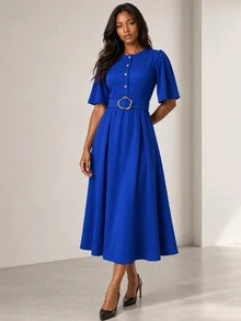ELLERISSA Navy Blue Round Neck Short Sleeve Belted Midi Dress - Navy Blue - View 6