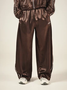 SUMWON Wide Leg Satin Track Pants With White Contrast Piping And Script Logo Embroidery Elastic Waist Pull-On Style - Coffee Brown - View 4