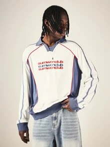 SUMWON Áo thun dài tay cổ rugby logo câu lạc bộ với chi tiết sọc tương phản và cổ tay bo gân - trắng - Xem 4
