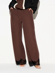 KIZN Wide Leg Casual Pants With Black Lace Trim Hem Elastic Waist Full Length Flowing Trousers Perfect For Spring Summer Evening Wear - Coffee Brown - View 1