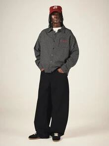 SUMWON Checked Grid Pattern Oversized Long Sleeve Button-Up Shirt With Red Embroidery Script Logo Chest Pocket Casual Streetwear - Black - View 3