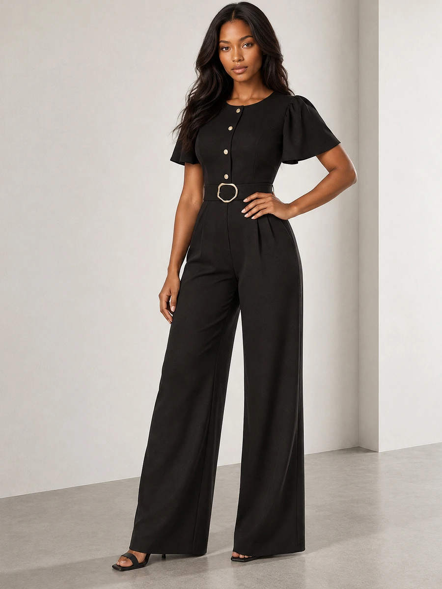 ELLERISSA Black Round Neck Short Sleeve Belted Wide Leg Jumpsuit - Black - View 1