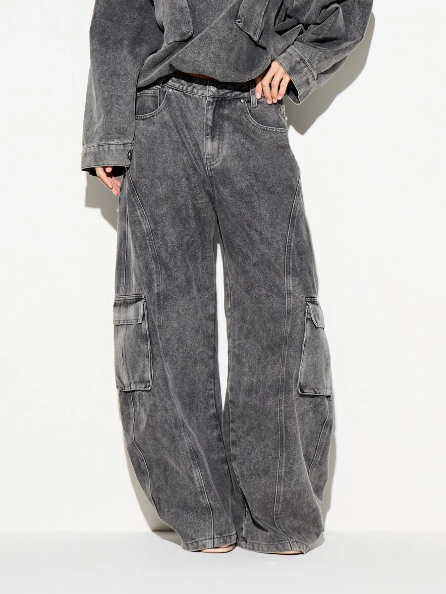 KIZN Wide Leg Cargo Denim Jeans With Side Flap Pockets Acid Washed Relaxed Fit High Street Style Full Length Trousers - Grey - View 1