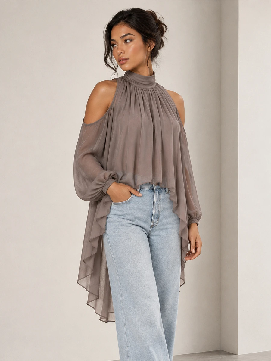 ELLERISSA Khaki High Neck Cold Shoulder Long Sleeve High-Low Chiffon Blouse - Khaki - View 1