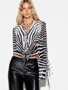 KIZN Zebra Print Sheer Chiffon Crop Blouse With Deep Plunge Neckline Bell Sleeves And Tie Front Detail Summer Festival Style - Black and White - View 4