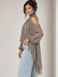 ELLERISSA Khaki High Neck Cold Shoulder Long Sleeve High-Low Chiffon Blouse - Khaki - View 3