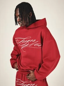 SUMWON Oversized Pullover Hoodie With Cursive Script Front Print Long Sleeve Casual Streetwear Top For Fall Winter - Red - View 6