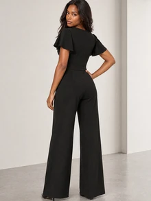 ELLERISSA Black Round Neck Short Sleeve Belted Wide Leg Jumpsuit - Black - View 2