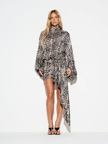 KIZN Snake Print High Neck Batwing Sleeve Mini Shift Dress Oversized Flowy AOP Party Holiday Season Night Out Dress - Multicolor - View 3