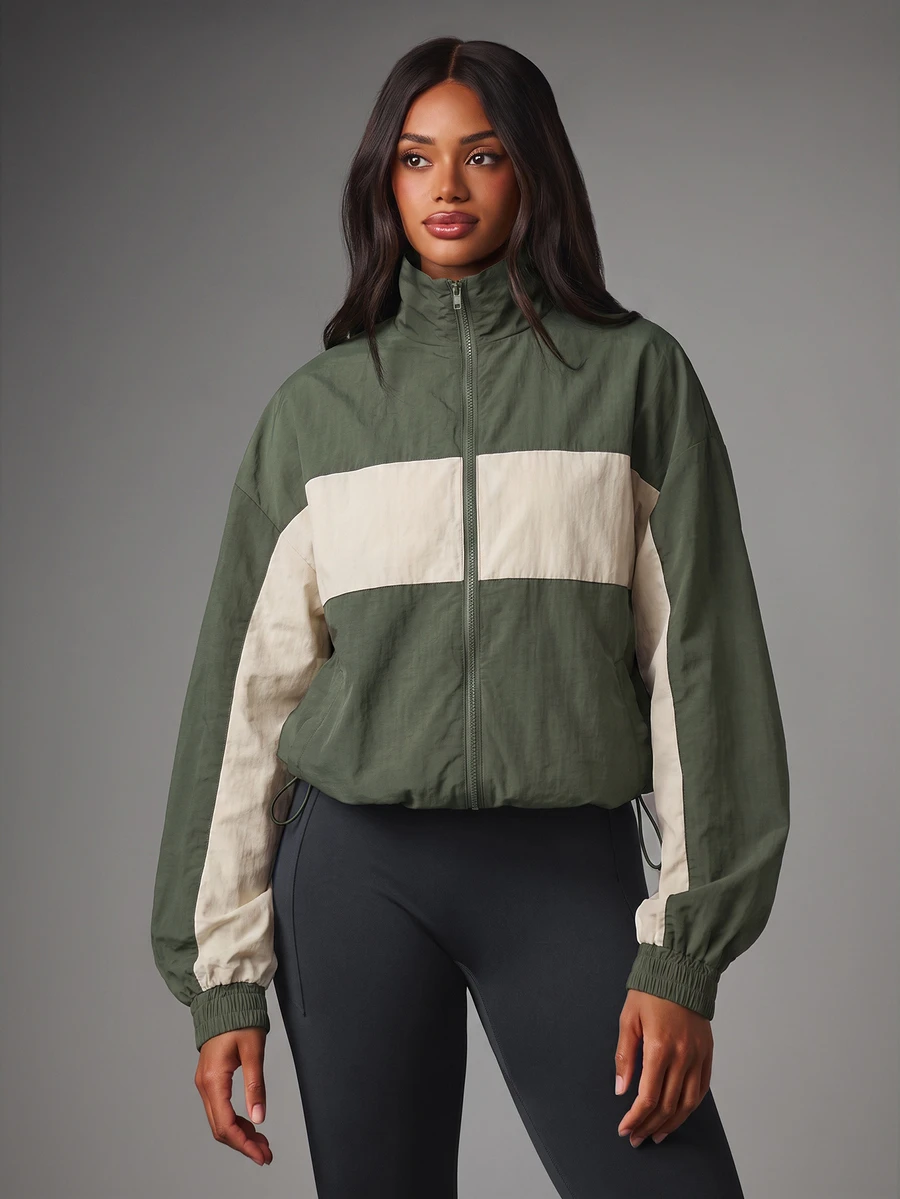 MISSGUIDED Color Block Full Zip Mock Neck Windbreaker Jacket With Elasticated Cuffs And Drawstring Hem Fall Winter Essential - Army Green - View 1
