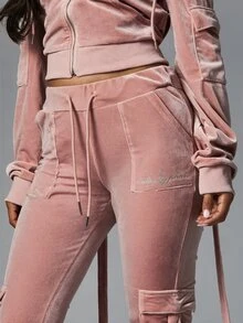 BABYPHAT Velvet Flare Cargo Trousers With Drawstring Waist And Side Patch Pockets - Retro Bell-Bottom Style - Baby Pink - View 4