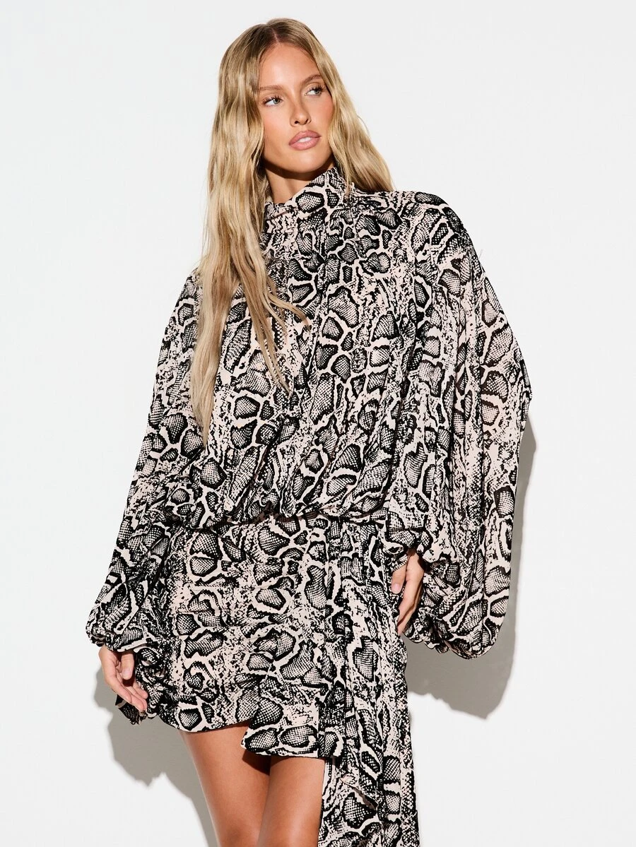 KIZN Snake Print High Neck Batwing Sleeve Mini Shift Dress Oversized Flowy AOP Party Holiday Season Night Out Dress - Multicolor - View 1