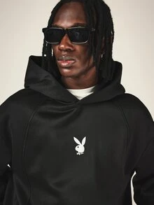 PLAYBOY X SUMWON Rhinestone Logo Oversized Pullover Hoodie With Full Back Crystal Text Embellishment Long Sleeve Casual Winter Essential - Black - View 5