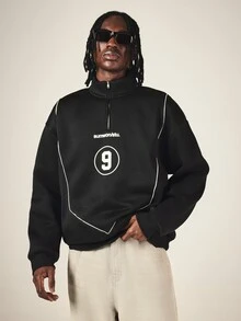 SUMWON Oversized Varsity Number 9 Applique Sweatshirt High Neck Long Sleeve Contrast Piping Back Graphic Pullover Top - Black - View 2
