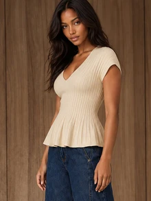 ELLERISSA Apricot Ribbed V Neck Dropped Shoulder Knit Peplum Top - Apricot - View 6