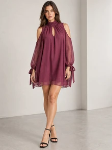ELLERISSA Vestido mini de fiesta de gasa con cuello alto y hombros descubiertos en color púrpura ciruela - Morado - Ver 6