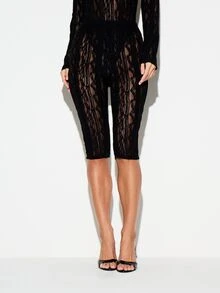 KIZN Sheer Black Lace Cycling Shorts High Rise Skin Tight Midi Length Semi Transparent Floral Pattern Summer Festival Party Night Out - Black - View 1