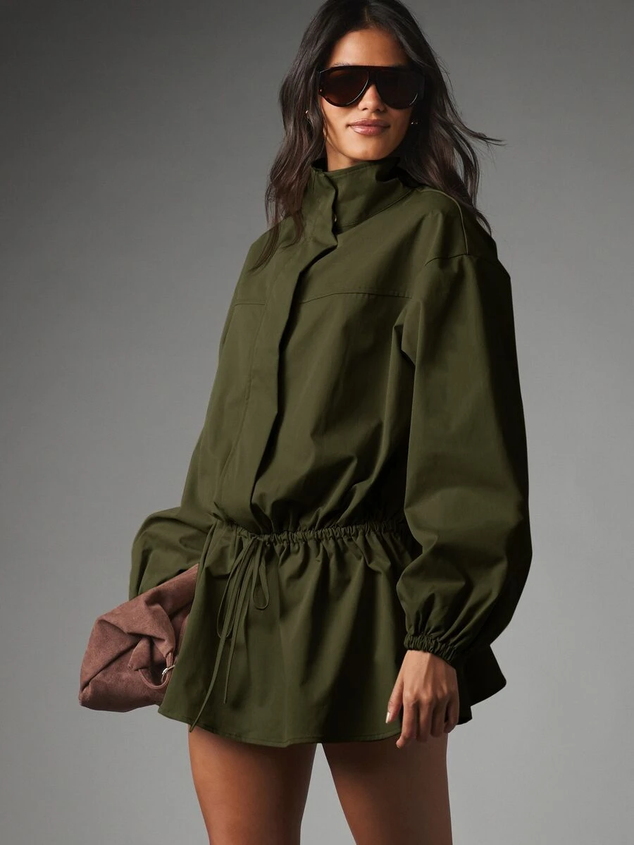 MISSGUIDED Mock Neck Balloon Sleeve Mini Dress With Drawstring Waist And Elasticated Cuffs Fall Winter Casual Chic - Army Green - View 1