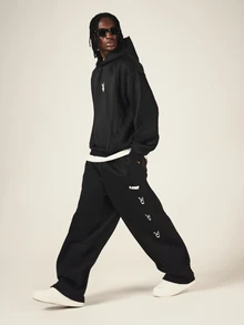 PLAYBOY X SUMWON Wide Leg Sweatpants With Bunny Logo Leg Print Side Pockets Drawstring Waist Casual Relaxed Fit Fleece Joggers - Black - View 3
