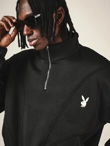 PLAYBOY X SUMWON Bunny Logo Half-Zip Sweatshirt With High Neck Long Sleeve Oversized Pullover Top Fall Winter Casual Streetwear - Black - View 5