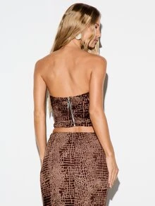 KIZN Strapless Ruched Velvet Bandeau Top With Crocodile Print Bodycon Fit Party Night Out Summer Festival Style - Multicolor - View 2