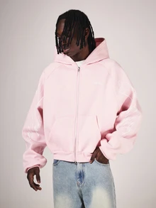 SUMWON Oversized hoodie med hel dragkedja, abstrakt ärmtryck, sidofickor, lång ärm, avslappnad streetwear-topp för våren - Rosa - Visa 1