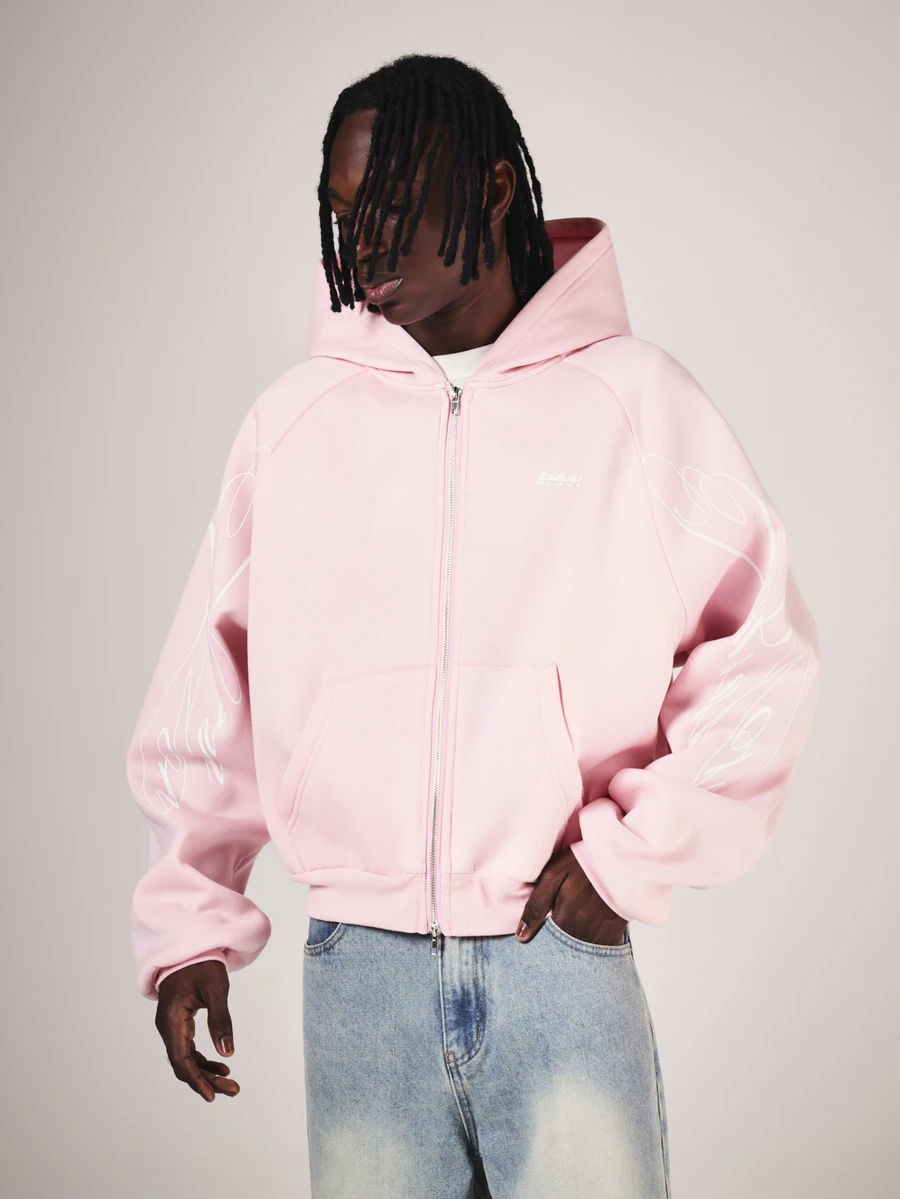 SUMWON Oversized hoodie med hel dragkedja, abstrakt ärmtryck, sidofickor, lång ärm, avslappnad streetwear-topp för våren - Rosa - Visa 1