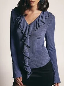 KSTM Ribbed Knit Ruffle V-Neck Blouse With Bell Sleeves And Metallic Shimmer Detail For Fall Winter Party Nights - Blue - View 5